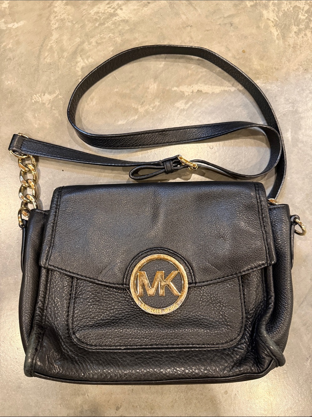 Michael Kors Black Leather Crossbody with Gold MK Medallion